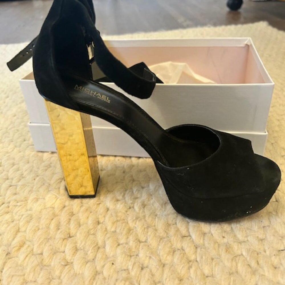 Michael Michael Kors Suede Black Gold Platform Sandal - Picture 2 of 5